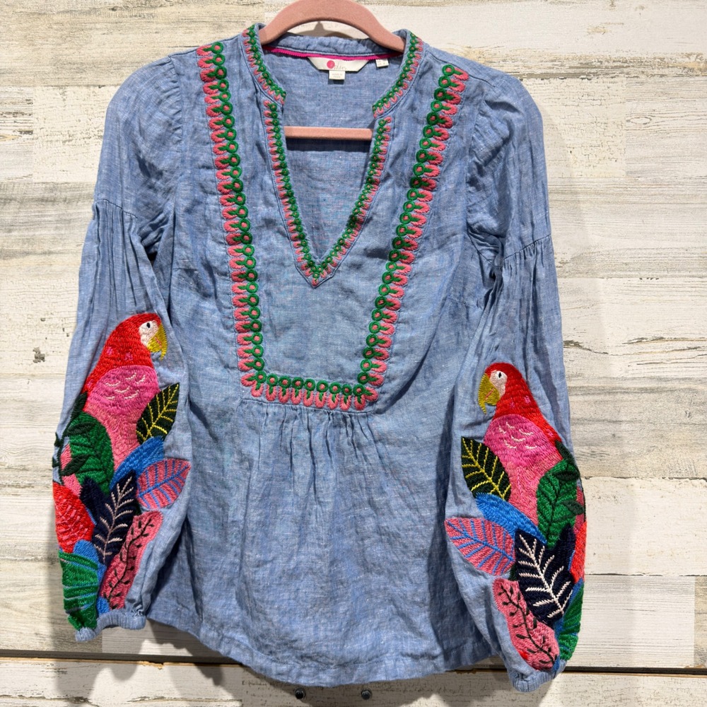 Boden Embroidered Parrot Blouse Women 6 Blue Linen Tropical Boho EUC